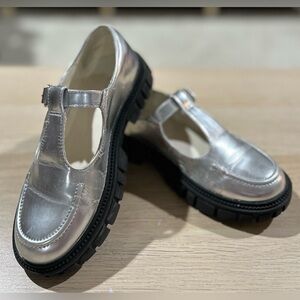 Crewcuts Silver Lug-Sole Kids T-Bar Dress Shoes